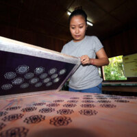 Lyona Stephen menggunakan teknik cetakan bagi mendapatkan latar belakang warna kain mengikut motif di Kampung Telian Tengah Mukah.jpg